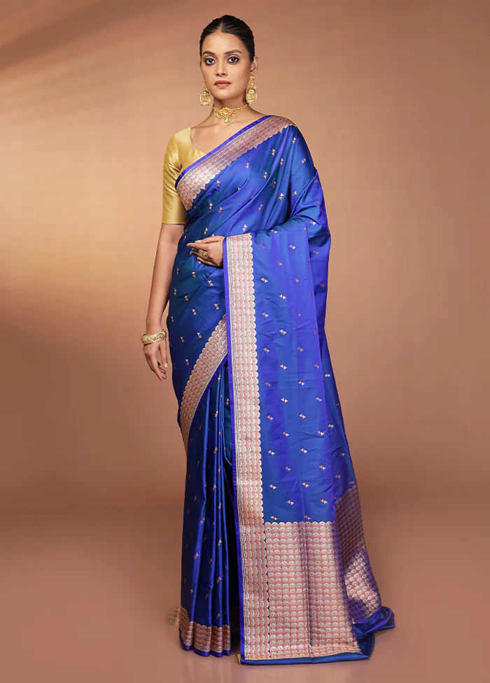 Blue Handloom Banarasi Pure Silk Saree With Blouse Piece - Image 2