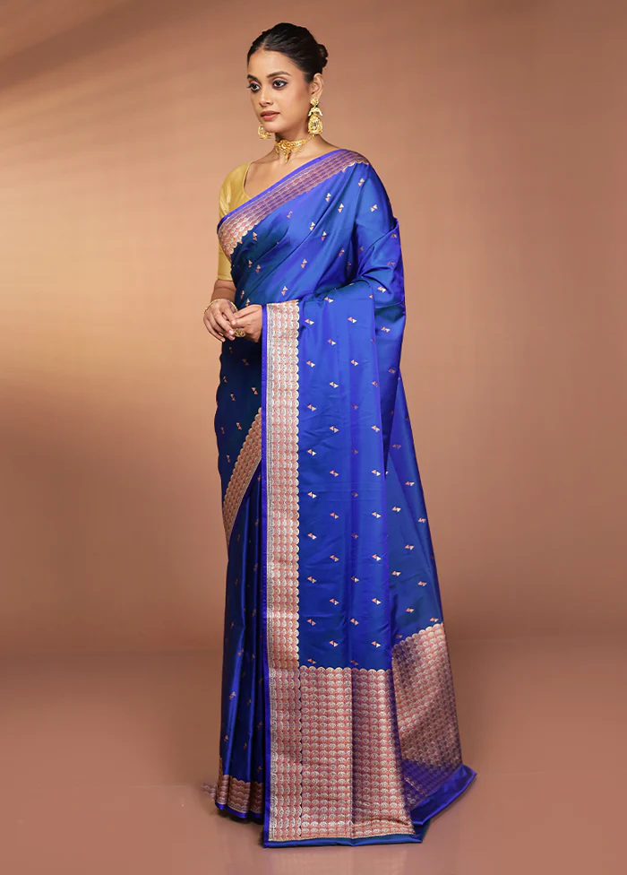 Blue Handloom Banarasi Pure Silk Saree With Blouse Piece - Image 4