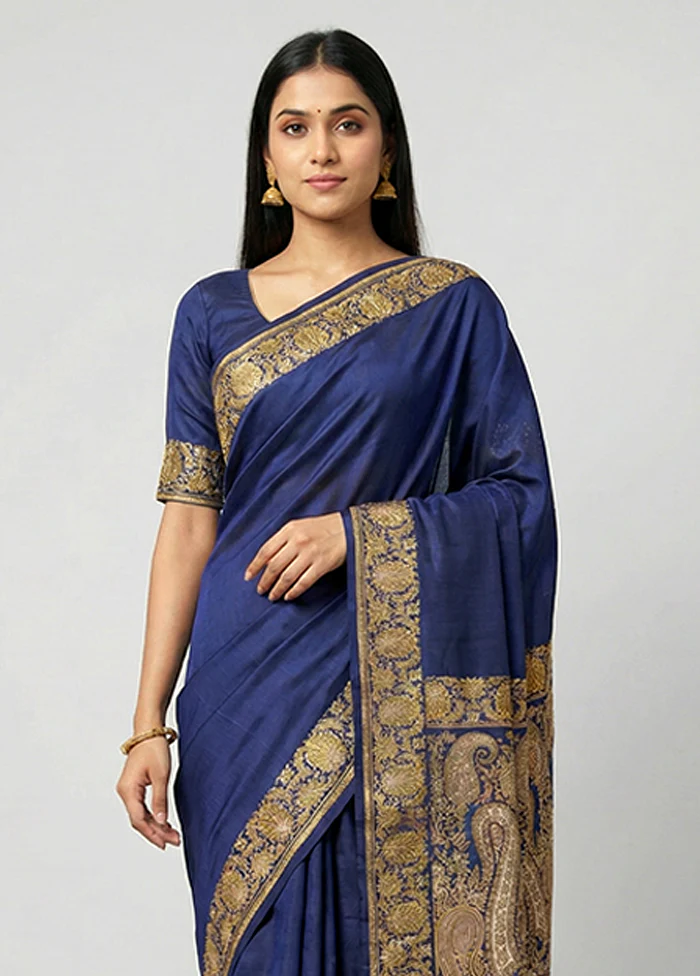 Blue Handloom Banarasi Pure Silk Saree With Blouse Piece - Image 2