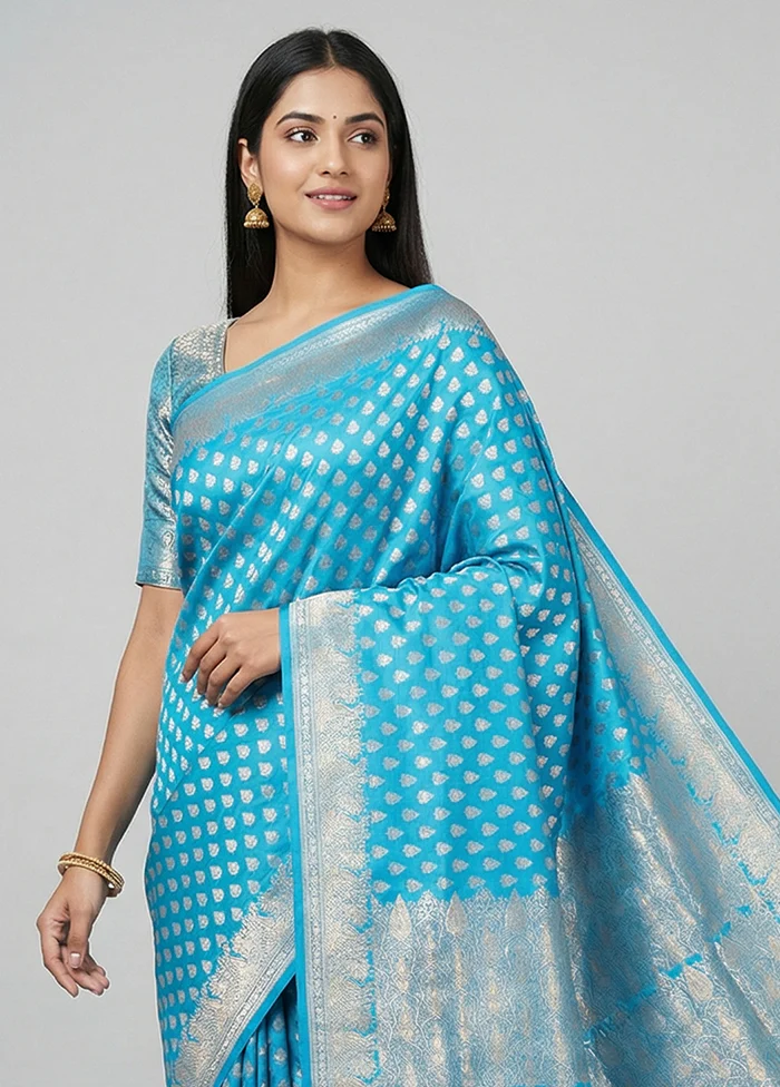 Blue Handloom Banarasi Pure Silk Saree With Blouse Piece - Image 2