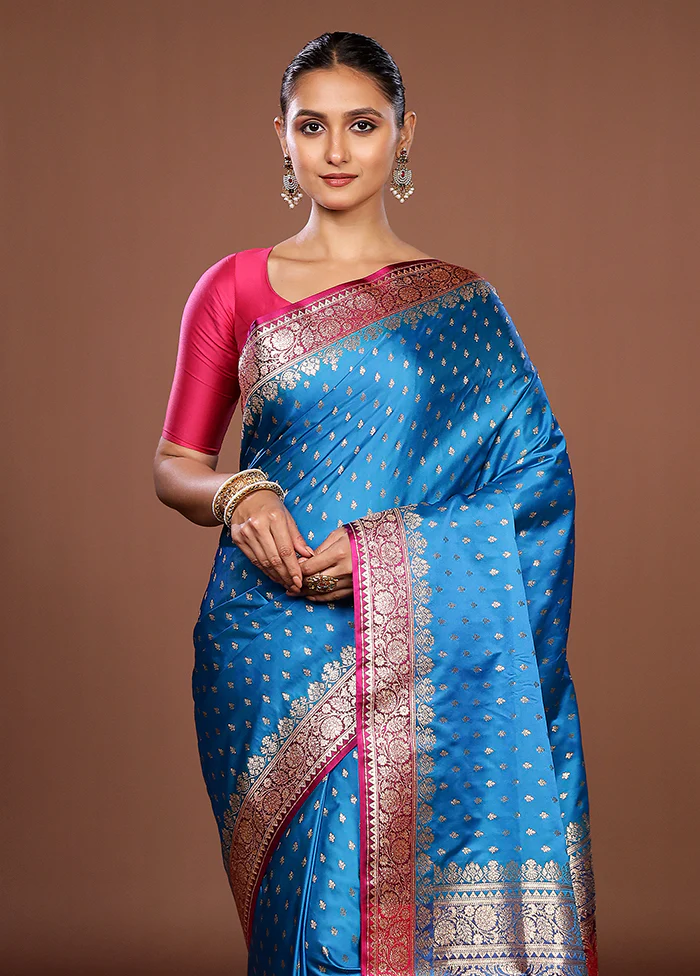 Blue Handloom Banarasi Pure Silk Saree With Blouse Piece