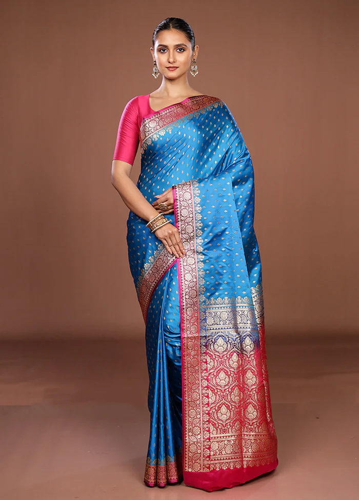 Blue Handloom Banarasi Pure Silk Saree With Blouse Piece - Image 2