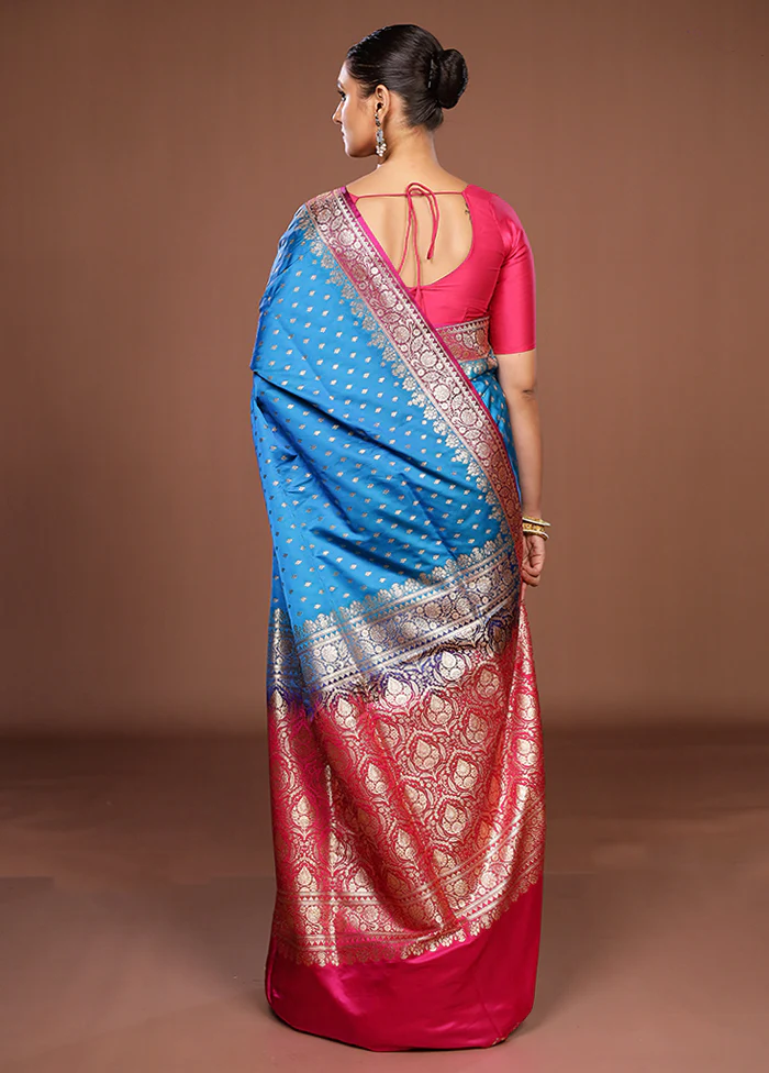 Blue Handloom Banarasi Pure Silk Saree With Blouse Piece - Image 3
