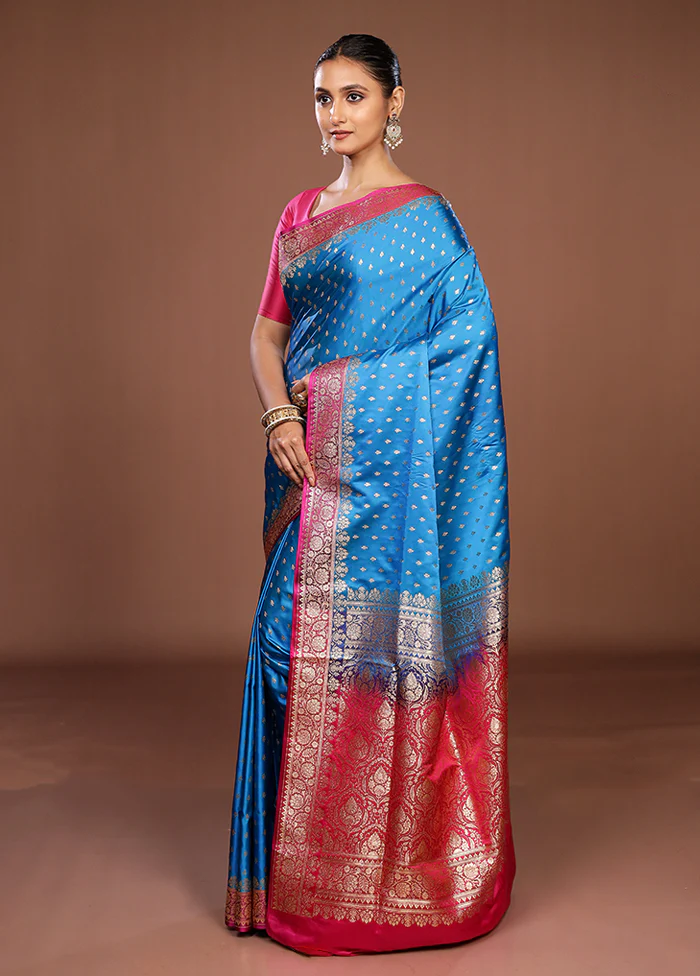 Blue Handloom Banarasi Pure Silk Saree With Blouse Piece - Image 4