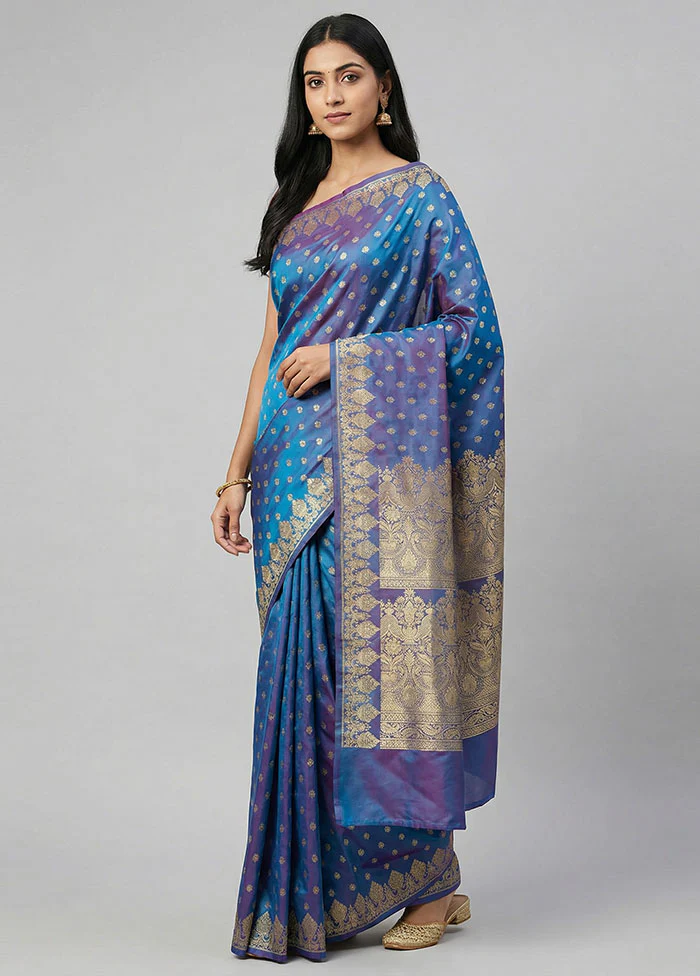 Blue Handloom Banarasi Pure Silk Saree With Blouse Piece