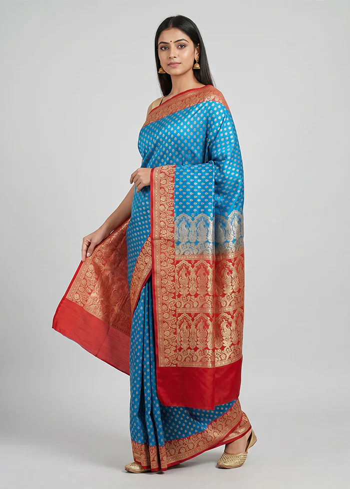 Blue Handloom Banarasi Pure Silk Saree With Blouse Piece