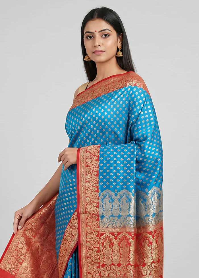 Blue Handloom Banarasi Pure Silk Saree With Blouse Piece - Image 2