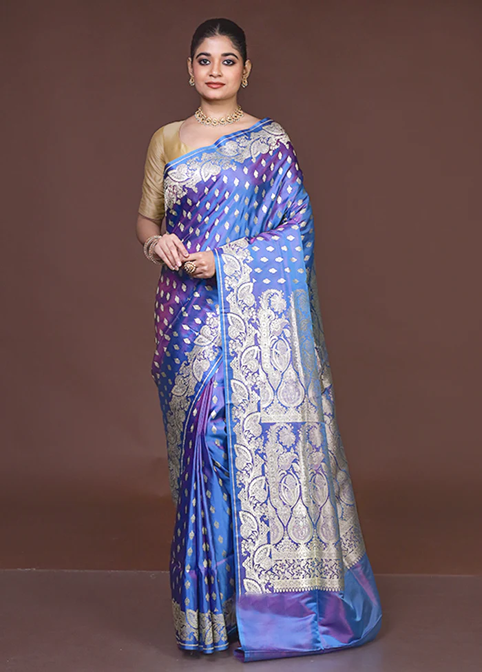 Blue Handloom Banarasi Pure Silk Saree With Blouse Piece - Image 2