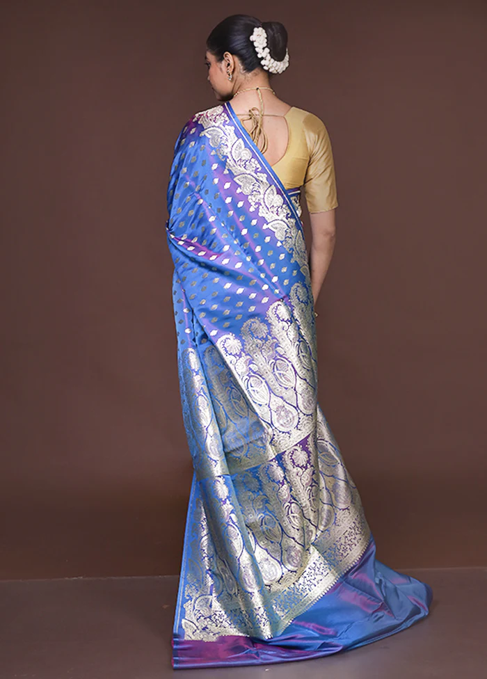 Blue Handloom Banarasi Pure Silk Saree With Blouse Piece - Image 3