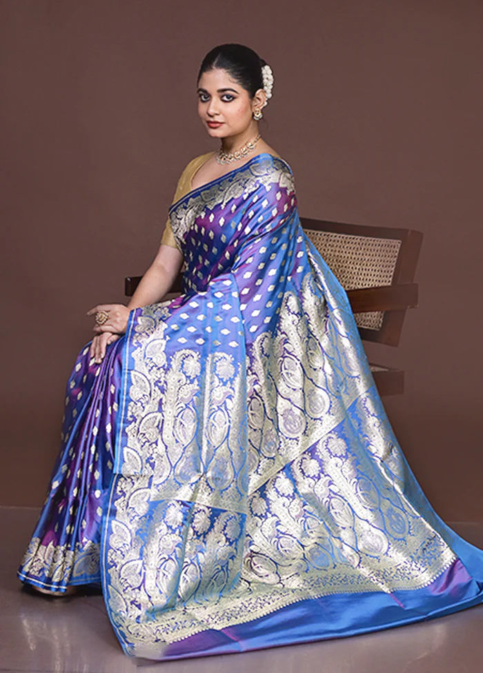 Blue Handloom Banarasi Pure Silk Saree With Blouse Piece - Image 4