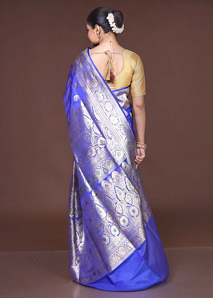 Blue Handloom Banarasi Pure Silk Saree With Blouse Piece - Image 3