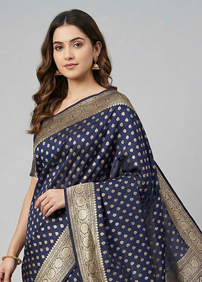Blue Handloom Banarasi Pure Silk Saree With Blouse Piece - Image 2