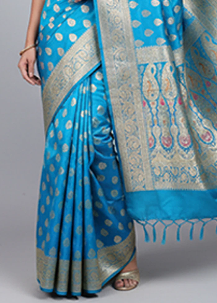 Blue Handloom Banarasi Pure Silk Saree With Blouse Piece - Image 3