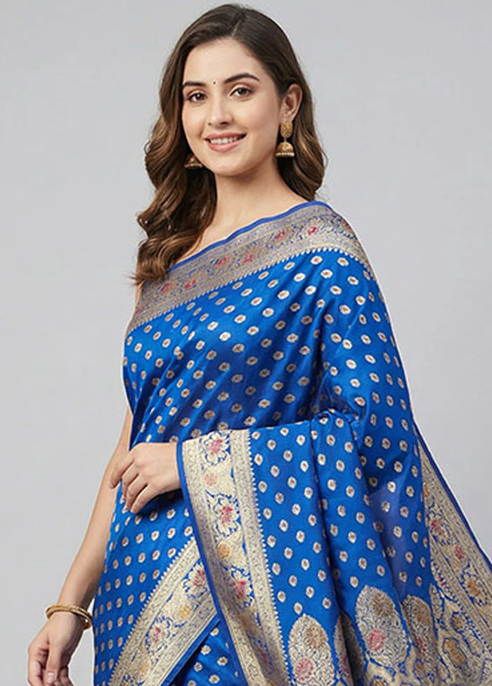 Blue Handloom Banarasi Pure Silk Saree With Blouse Piece - Image 2