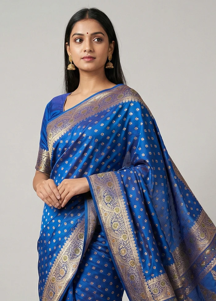 Blue Handloom Banarasi Pure Silk Saree With Blouse Piece - Image 2