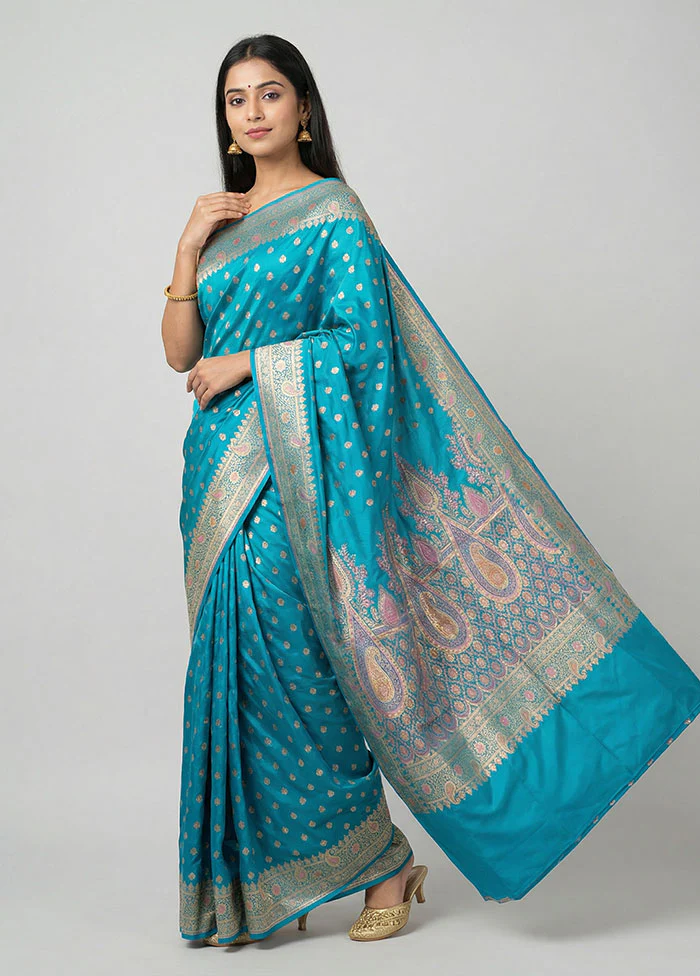 Blue Handloom Banarasi Pure Silk Saree With Blouse Piece