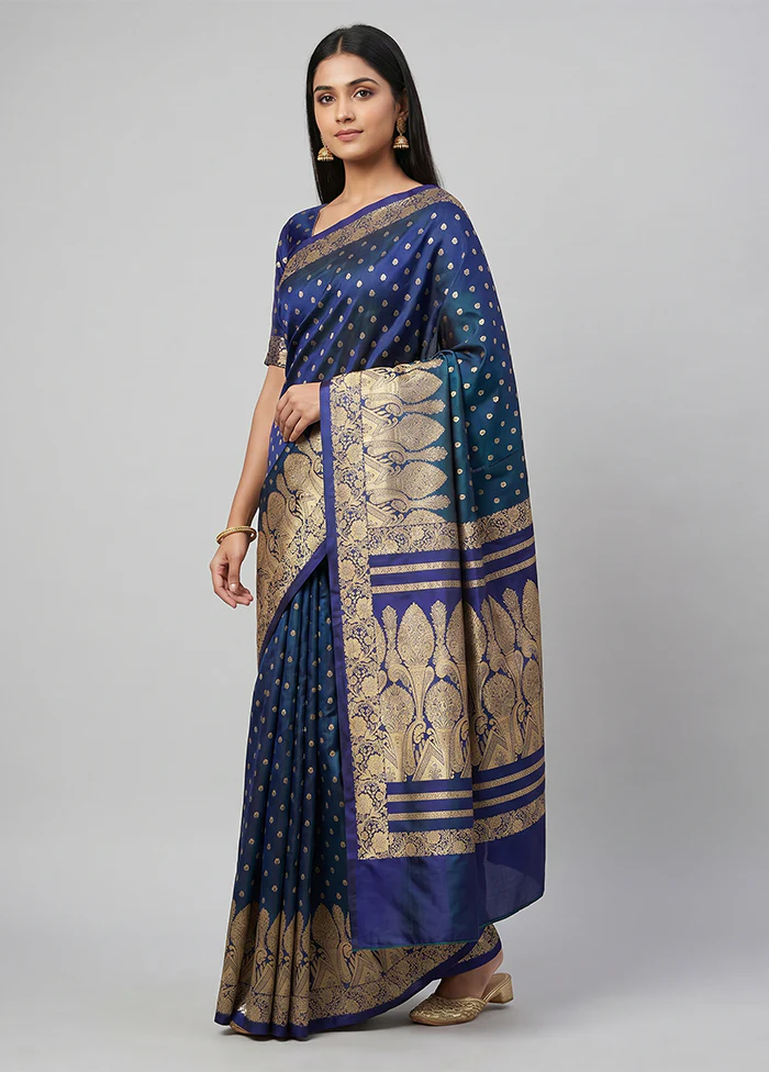 Blue Handloom Banarasi Pure Silk Saree With Blouse Piece