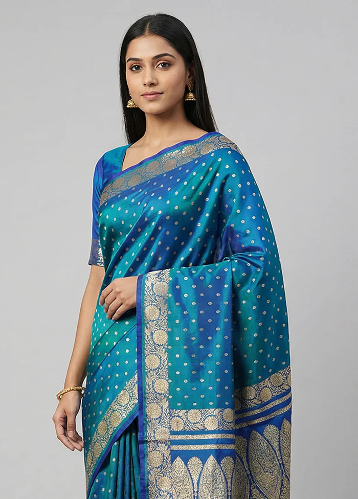 Blue Handloom Banarasi Pure Silk Saree With Blouse Piece - Image 2