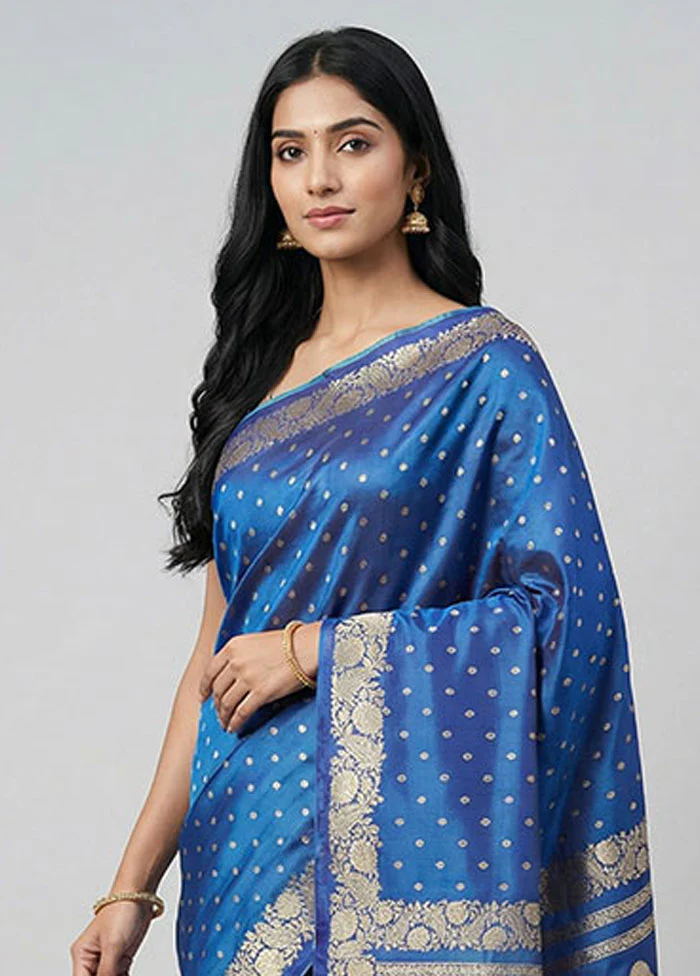 Blue Handloom Banarasi Pure Silk Saree With Blouse Piece - Image 2