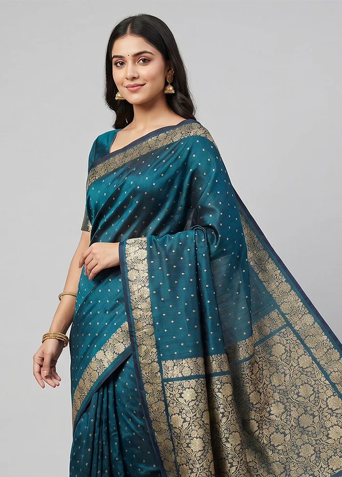 Blue Handloom Banarasi Pure Silk Saree With Blouse Piece - Image 2