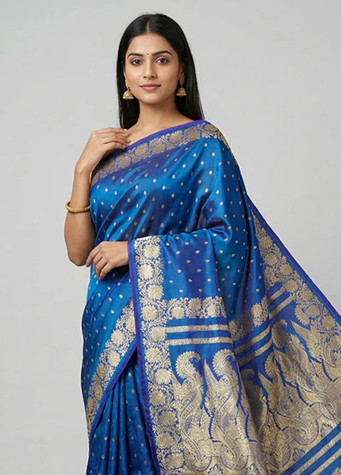 Blue Handloom Banarasi Pure Silk Saree With Blouse Piece - Image 2
