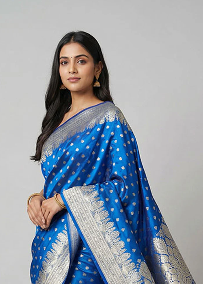 Blue Handloom Banarasi Pure Silk Saree With Blouse Piece - Image 2