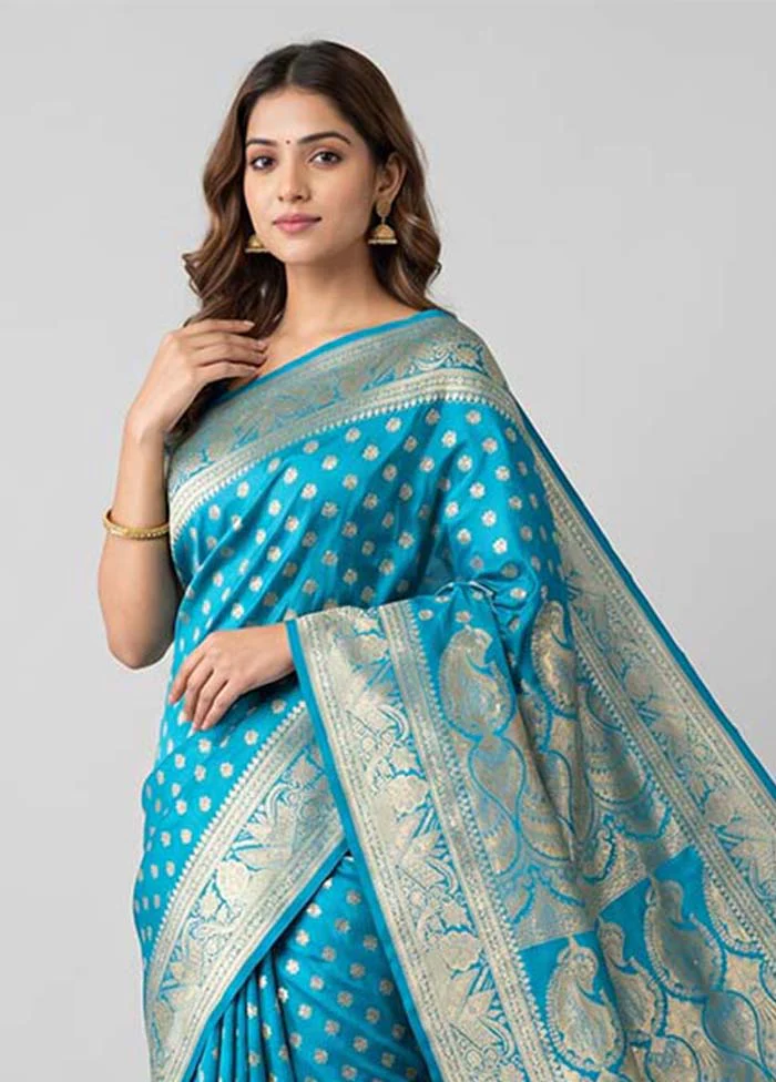 Blue Handloom Banarasi Pure Silk Saree With Blouse Piece - Image 2