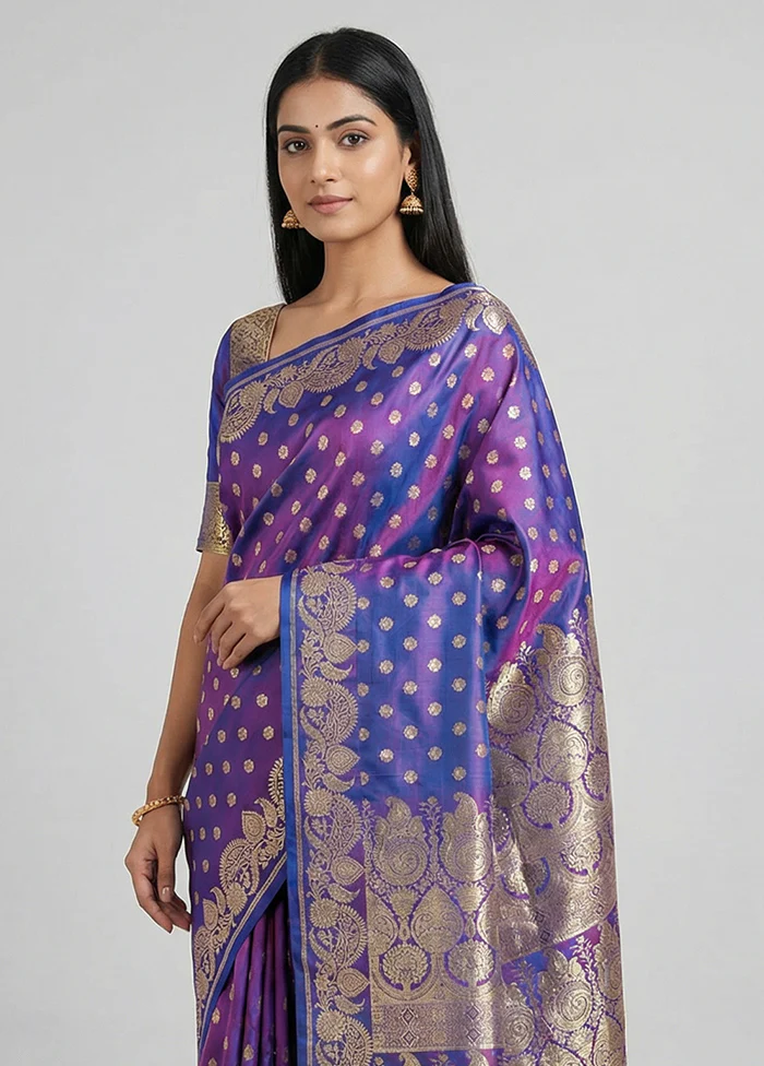 Blue Handloom Banarasi Pure Silk Saree With Blouse Piece - Image 2