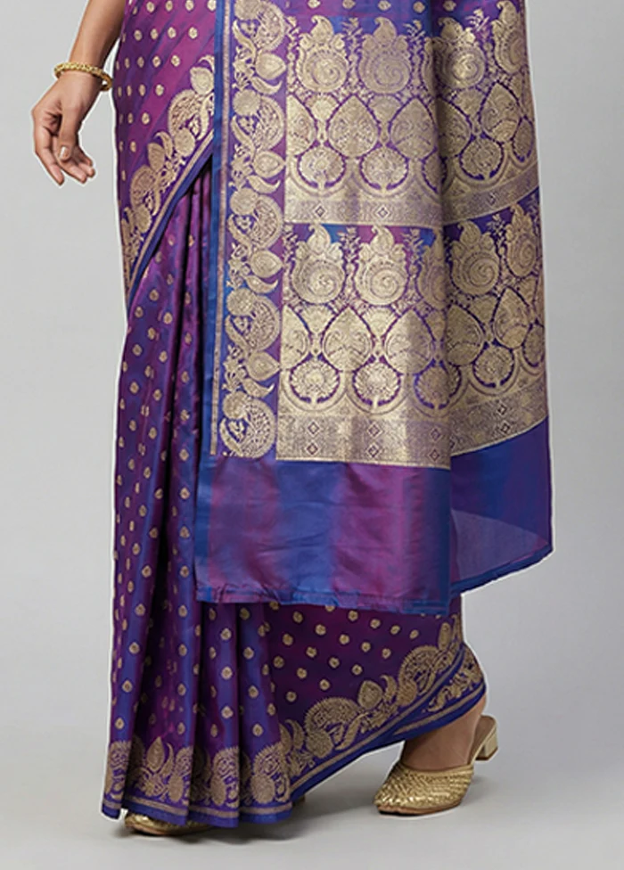 Blue Handloom Banarasi Pure Silk Saree With Blouse Piece - Image 3
