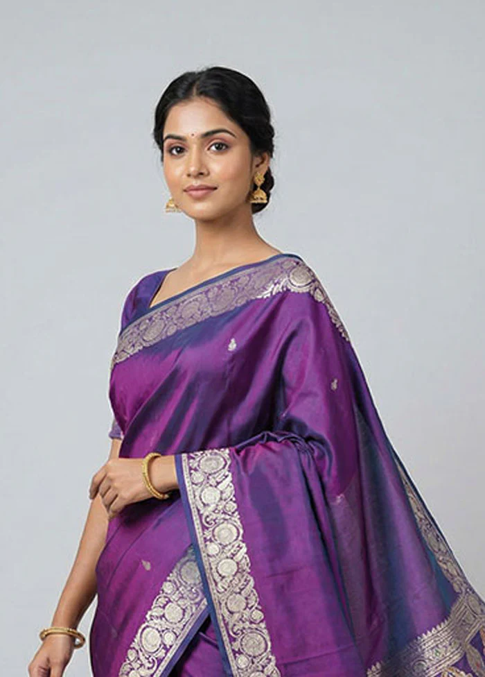 Blue Handloom Banarasi Pure Silk Saree With Blouse Piece - Image 2