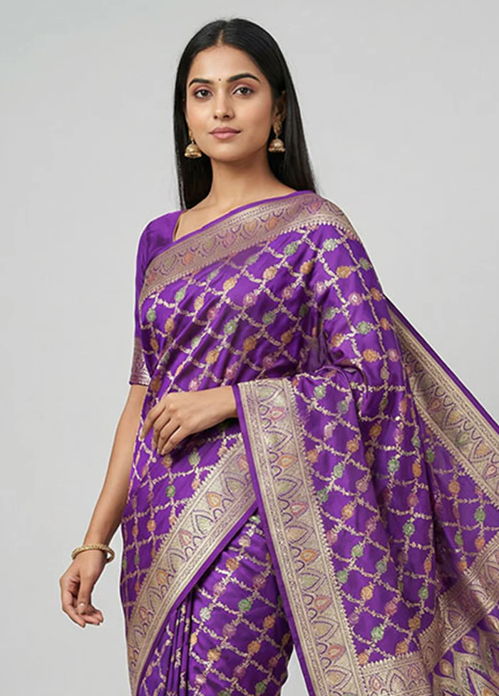 Blue Handloom Banarasi Pure Silk Saree With Blouse Piece - Image 2