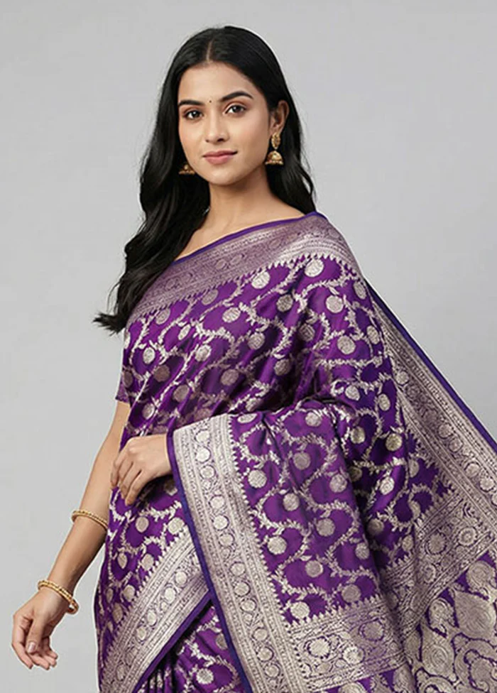 Blue Handloom Banarasi Pure Silk Saree With Blouse Piece - Image 2