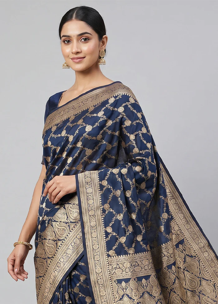 Blue Handloom Banarasi Pure Silk Saree With Blouse Piece - Image 2