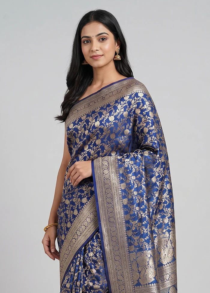 Blue Handloom Banarasi Pure Silk Saree With Blouse Piece - Image 2