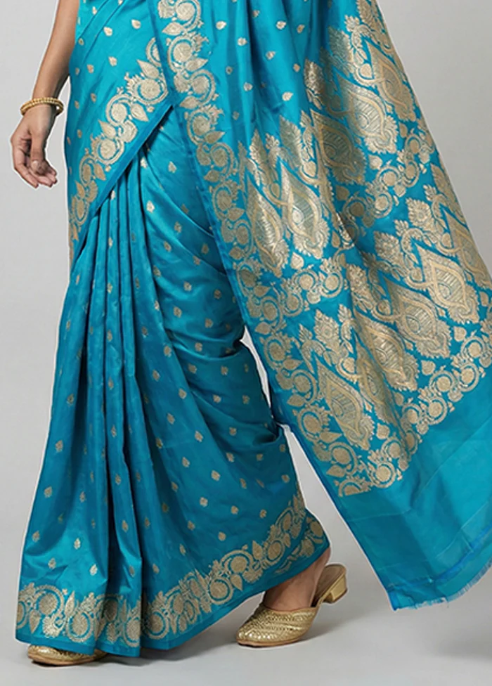 Blue Handloom Banarasi Pure Silk Saree With Blouse Piece - Image 3