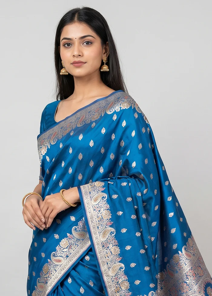 Blue Handloom Banarasi Pure Silk Saree With Blouse Piece - Image 2