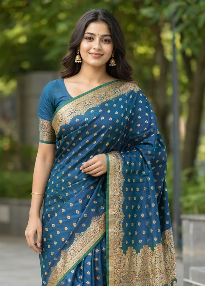 Blue Handloom Banarasi Pure Silk Saree With Blouse Piece - Image 2