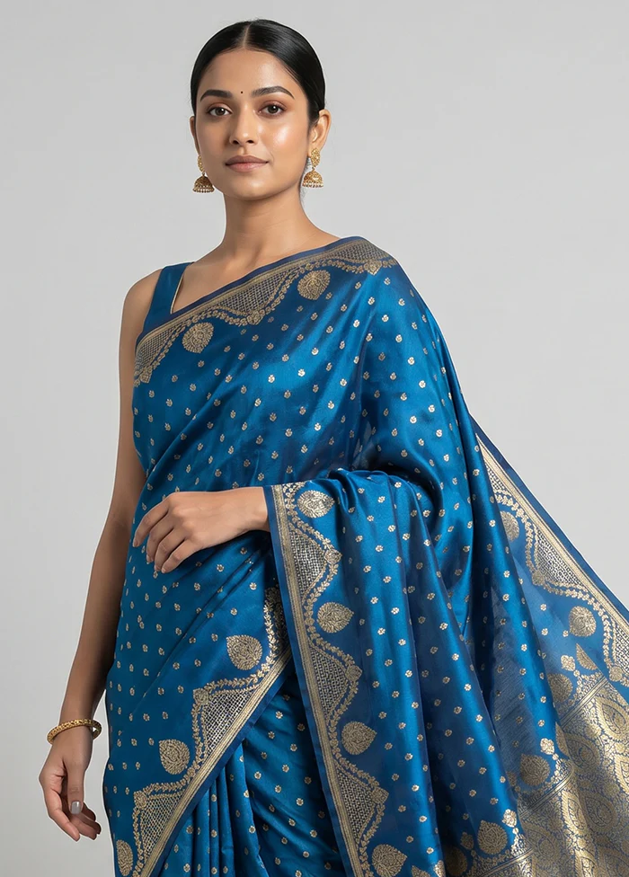 Blue Handloom Banarasi Pure Silk Saree With Blouse Piece - Image 2