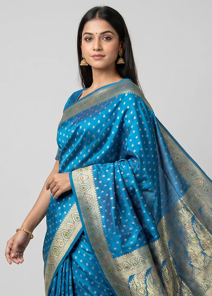 Blue Handloom Banarasi Pure Silk Saree With Blouse Piece - Image 2