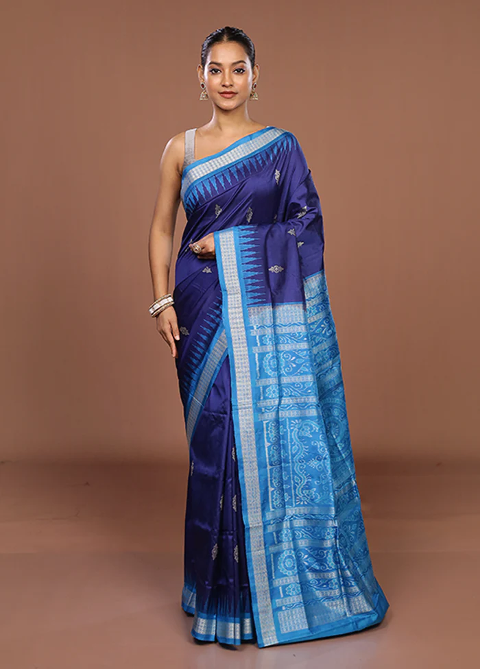 Blue Handloom Bomkai Pure Silk Saree With Blouse Piece - Image 2