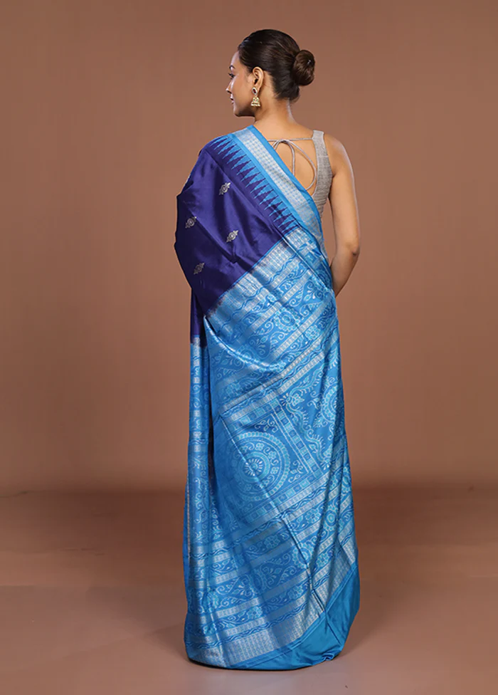 Blue Handloom Bomkai Pure Silk Saree With Blouse Piece - Image 3