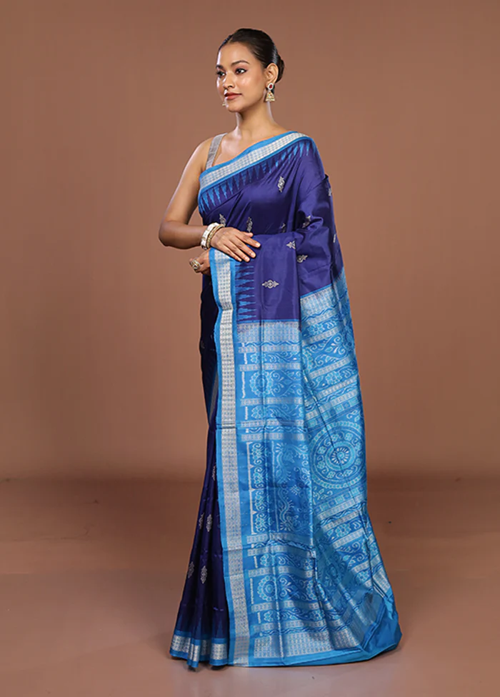 Blue Handloom Bomkai Pure Silk Saree With Blouse Piece - Image 4