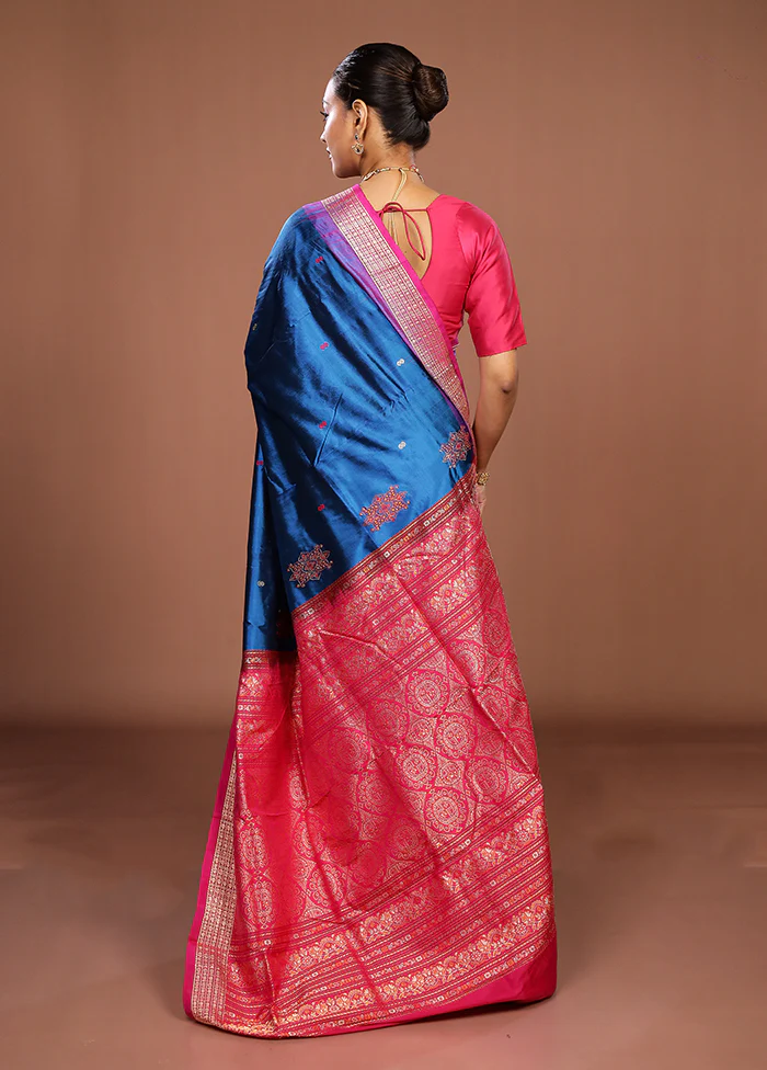 Blue Handloom Bomkai Pure Silk Saree With Blouse Piece - Image 3