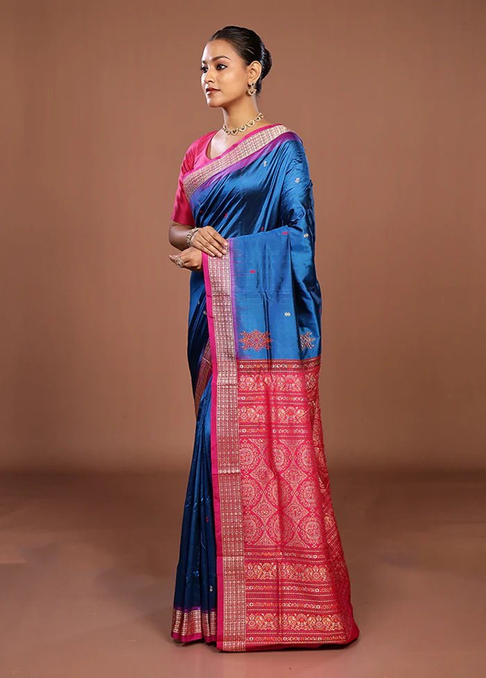 Blue Handloom Bomkai Pure Silk Saree With Blouse Piece - Image 4