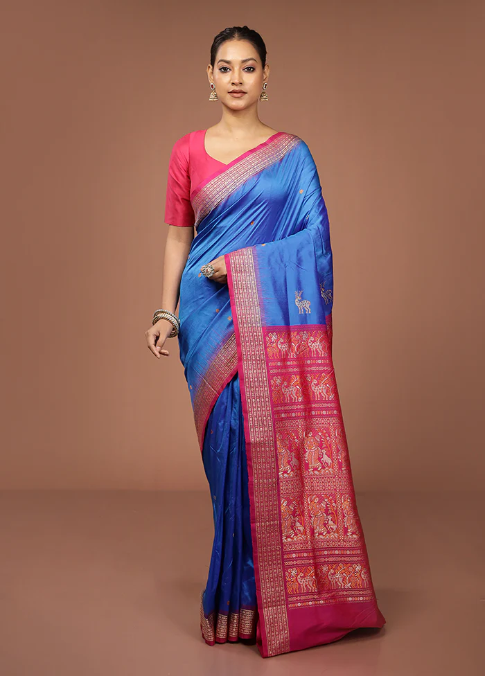 Blue Handloom Bomkai Pure Silk Saree With Blouse Piece - Image 2