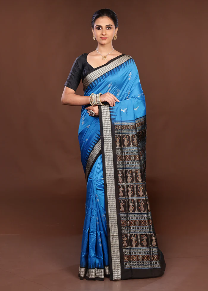 Blue Handloom Bomkai Pure Silk Saree With Blouse Piece - Image 2