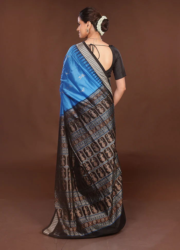 Blue Handloom Bomkai Pure Silk Saree With Blouse Piece - Image 3