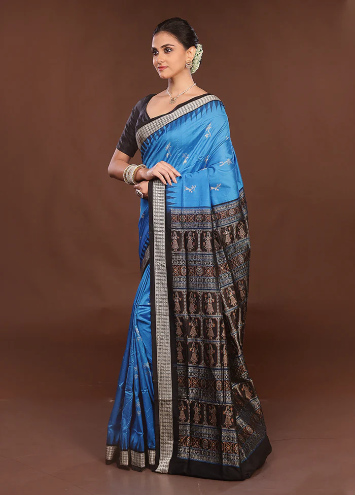 Blue Handloom Bomkai Pure Silk Saree With Blouse Piece - Image 4