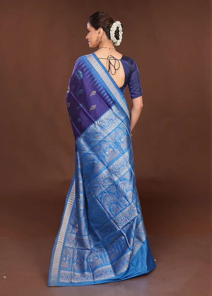Blue Handloom Bomkai Pure Silk Saree With Blouse Piece - Image 3