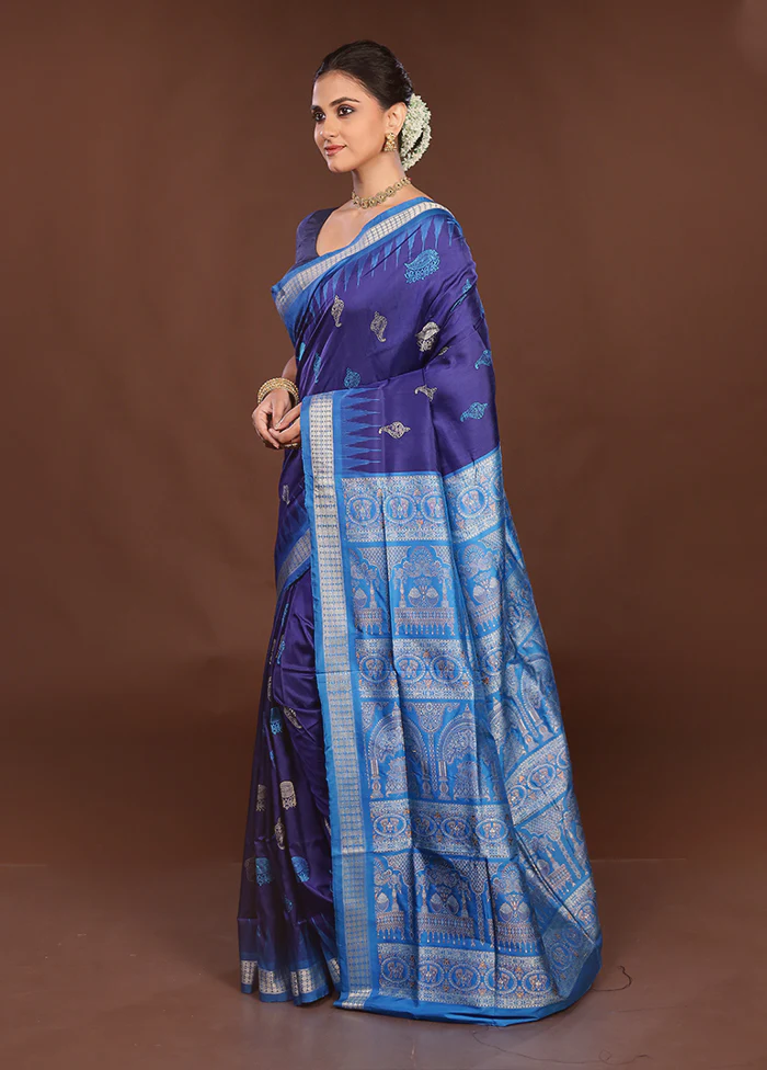 Blue Handloom Bomkai Pure Silk Saree With Blouse Piece - Image 4